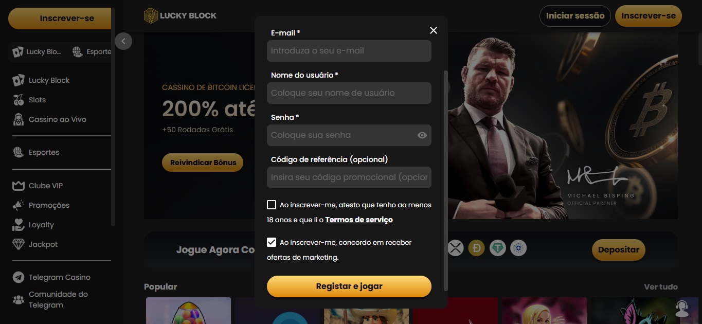 Criar uma conta no Lucky Block Casino