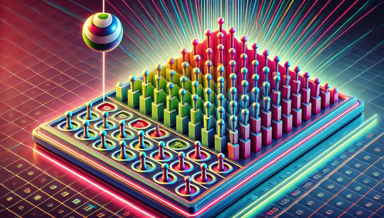 Imagem colorida de uma estrutura geométrica com pinos dispostos em um formato piramidal