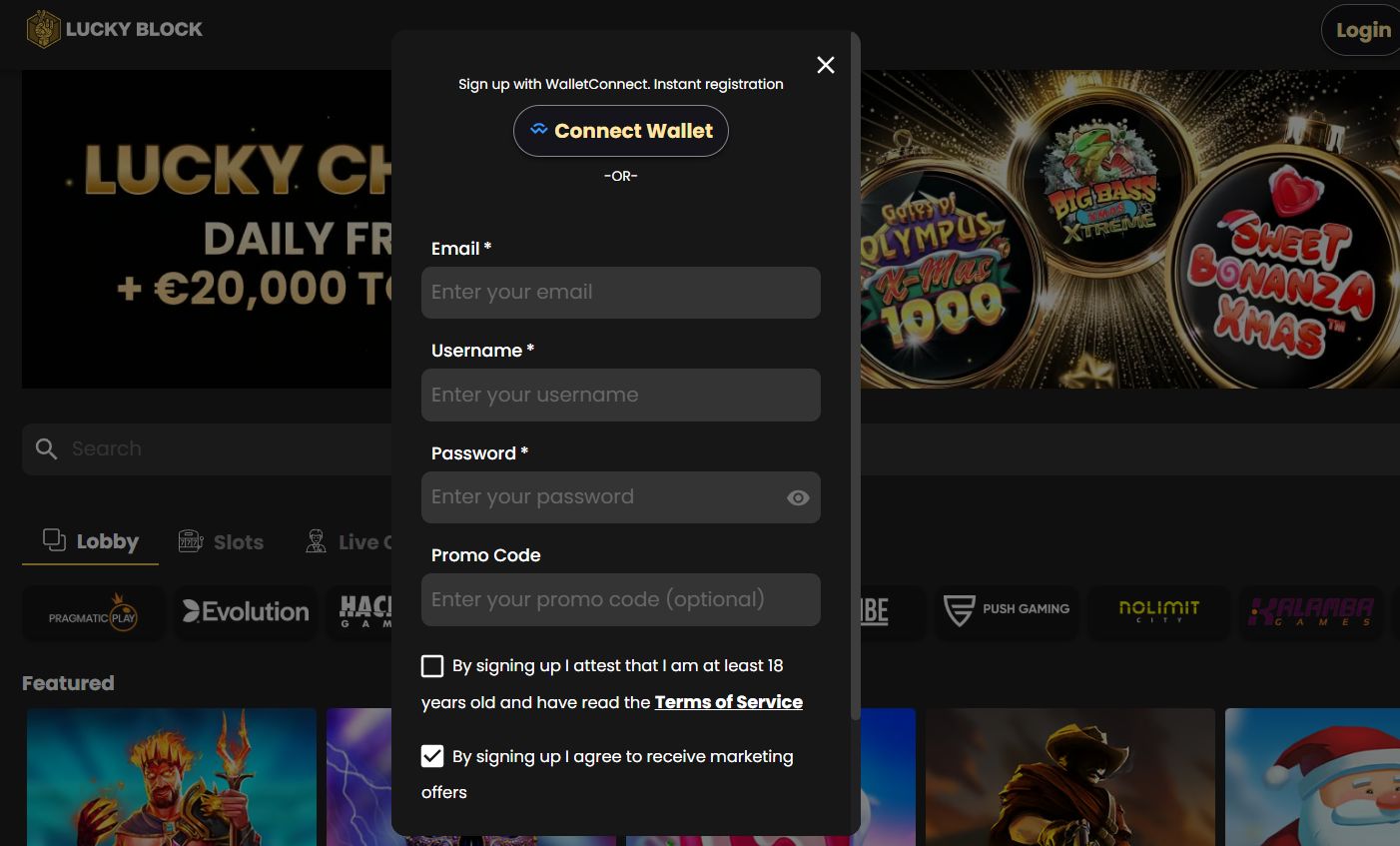 Registo no casino lucky block para bónus sem depósito