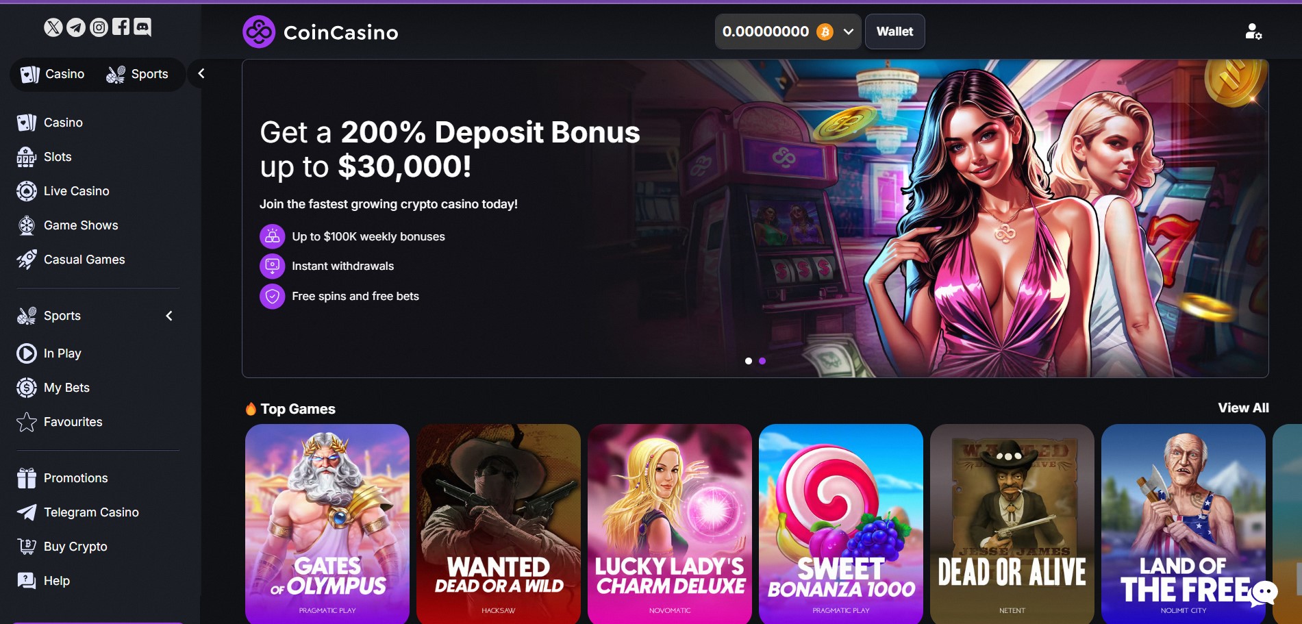 Imagem promocional do CoinCasino destacando um bônus de depósito de 200% até $30.000 e alguns dos principais jogos disponíveis.