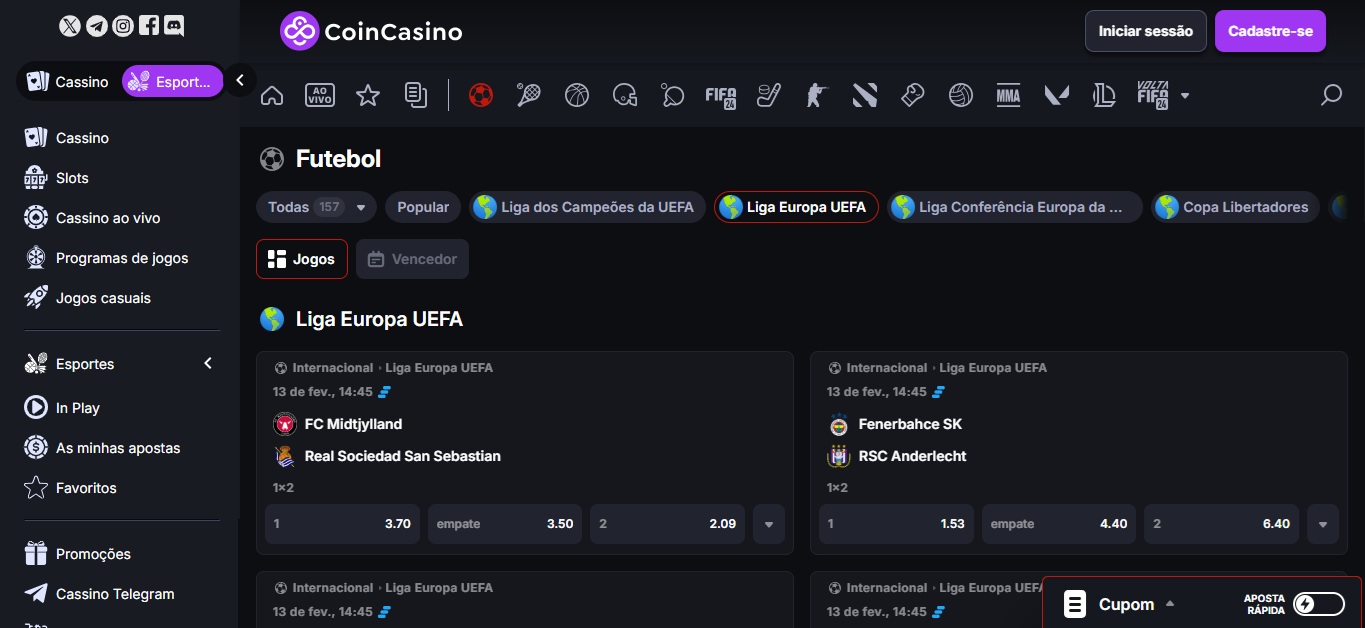 Eventos para apostar na Liga Europa com a CoinCasino