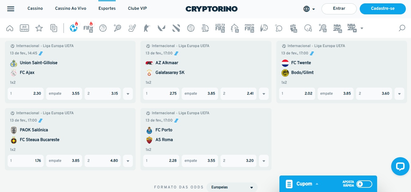 Apostar na Liga Europa com Cryptorino