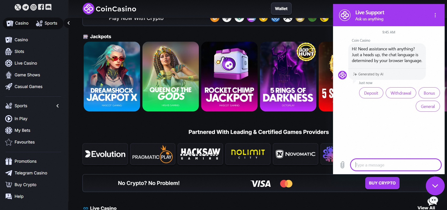 Imagem mostra as opções de atendimento ao cliente no CoinCasino