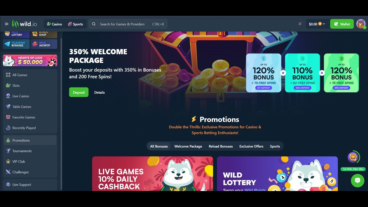 Imagem do site Wild.io apresentando um pacote de boas-vindas de 350% em bônus e 200 rodadas grátis, destacando promoções atraentes para jogo online.