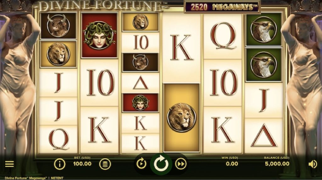 Tela de jogo do Divine Fortune e painel de apostas da slot