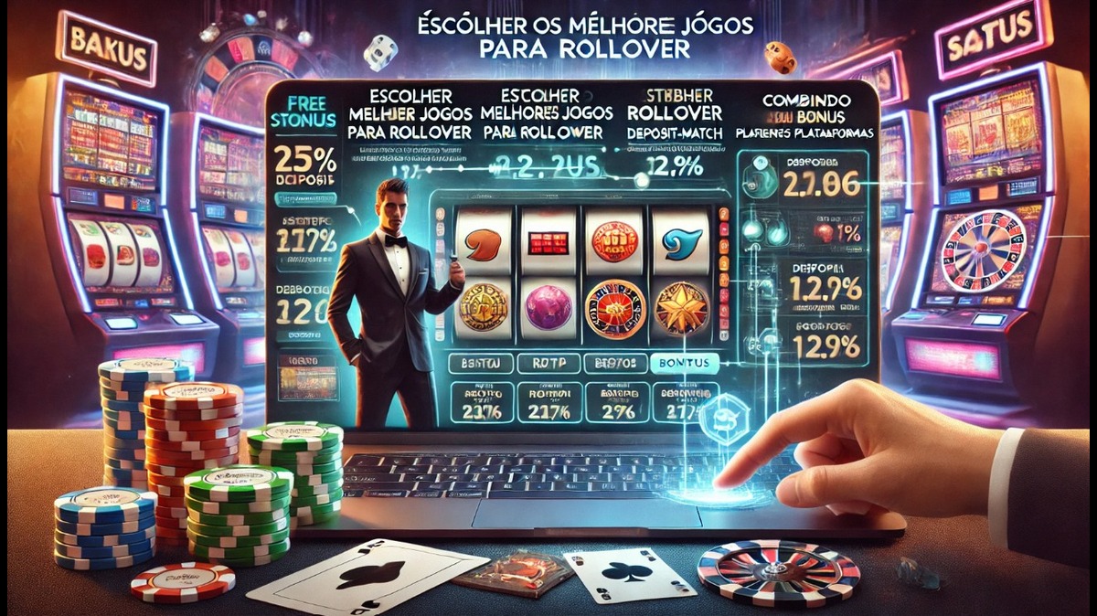 Imagem mostrando um laptop com informações sobre jogos de cassino para rollover, com fichas de poker e cartas ao redor. O fundo destaca máquinas caça-níqueis.