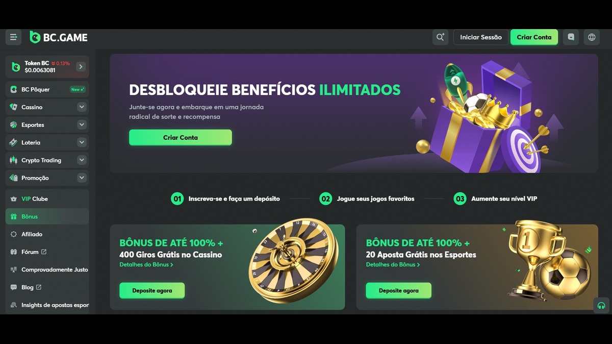 Imagem da interface do BC.GAME mostrando benefícios ilimitados e bônus em apostas, incluindo cassino, esportes, e promoções de jogos.