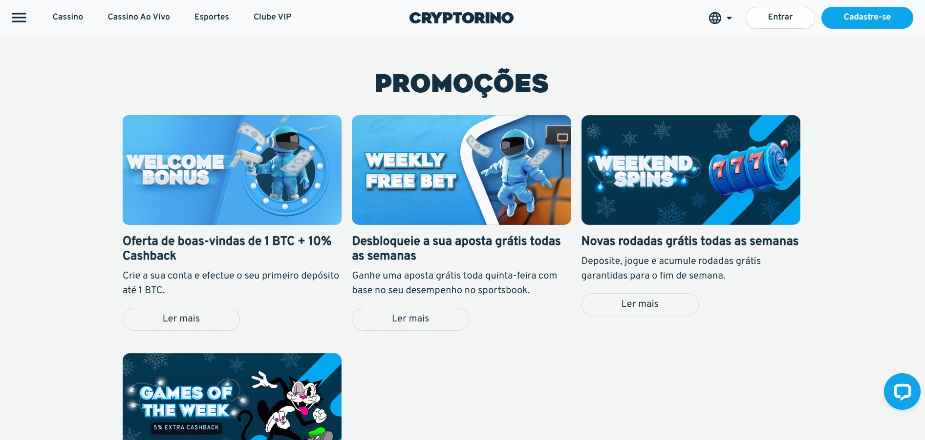 Imagem da homepage do cassino Cryptorino destacando promoções como welcome bonus, free bet semanal e weekend spins com gráficos atraentes.