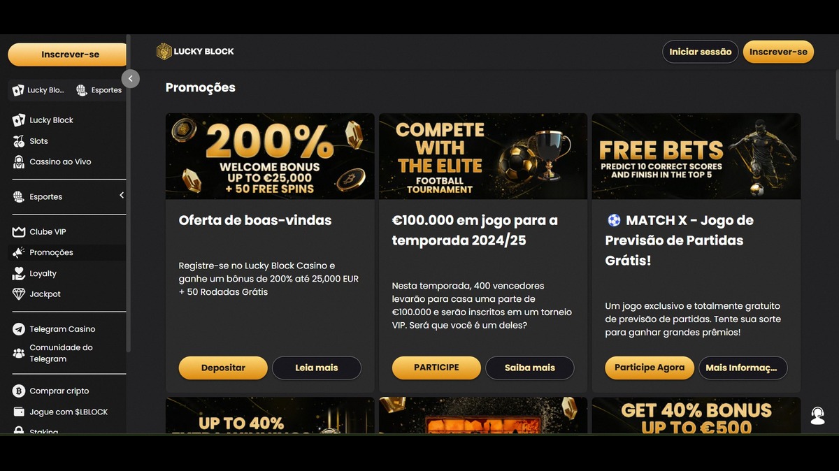 Imagem da plataforma Lucky Block, destacando promoções como bônus de boas-vindas de 200%, torneios e apostas gratuitas.