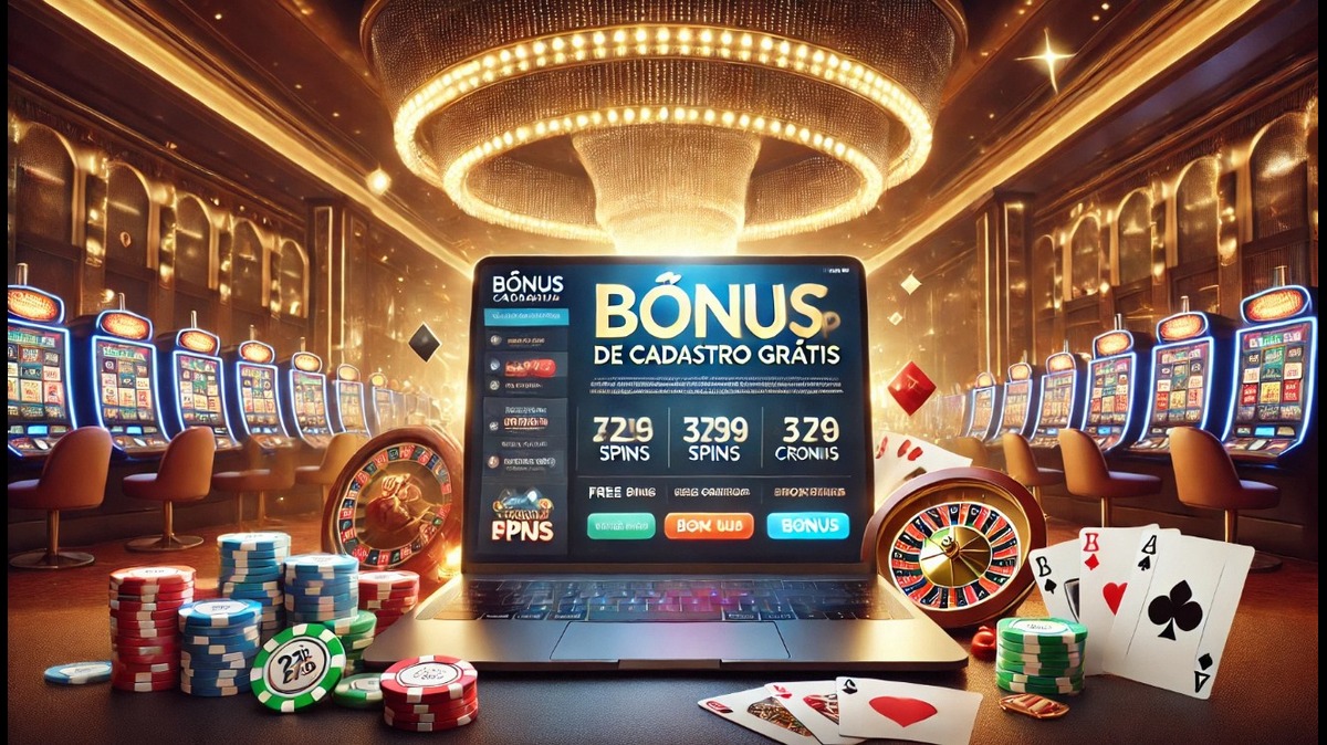 Imagem de um cassino com um laptop exibindo uma oferta de bônus de cadastro grátis, incluindo spins e cronis, rodeado por fichas de poker, cartas e uma roleta.
