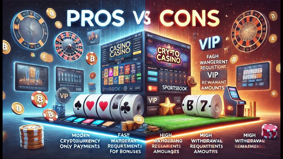 Imagem comparativa sobre prós e contras dos cassinos online, destacando pagamento em criptomoedas, regras de VIP e requisitos de saque.