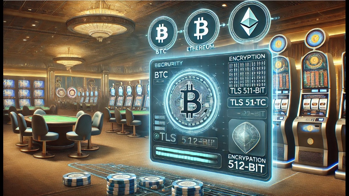 Imagem de um cassino moderno com elementos de criptomoeda, incluindo Bitcoin e Ethereum, destacando informações de segurança e criptografia.