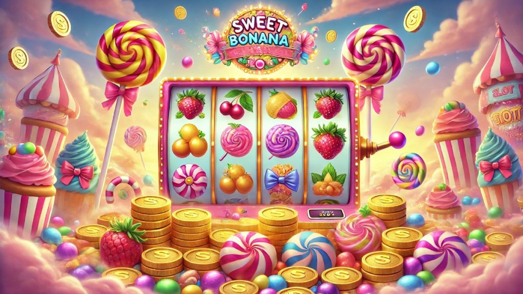 Cenário de doces e frutas da slot Sweet Bonanza