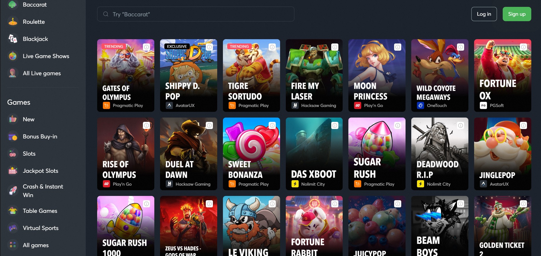 Imagem de uma plataforma de jogos online exibindo uma variedade de jogos populares como Bacarrat, Blackjack e slots, destacando as opções disponíveis.