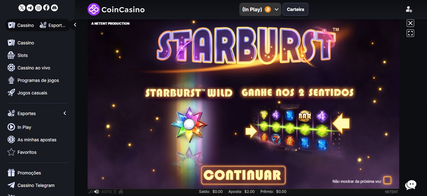 Slot Starburst está disponível no catálogo do CoinCasino