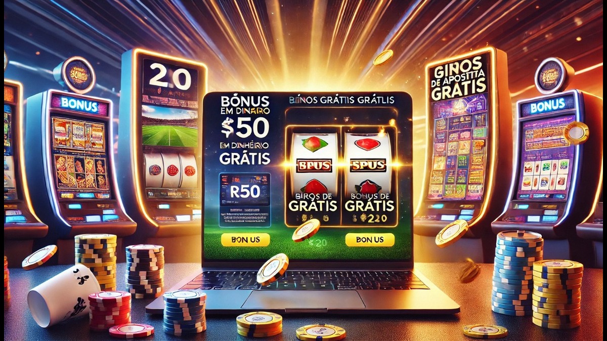 Imagem de um cassino online apresentando bônus em dinheiro, giros grátis e diversas máquinas caça-níqueis. Ideal para quem busca promoções de jogo.