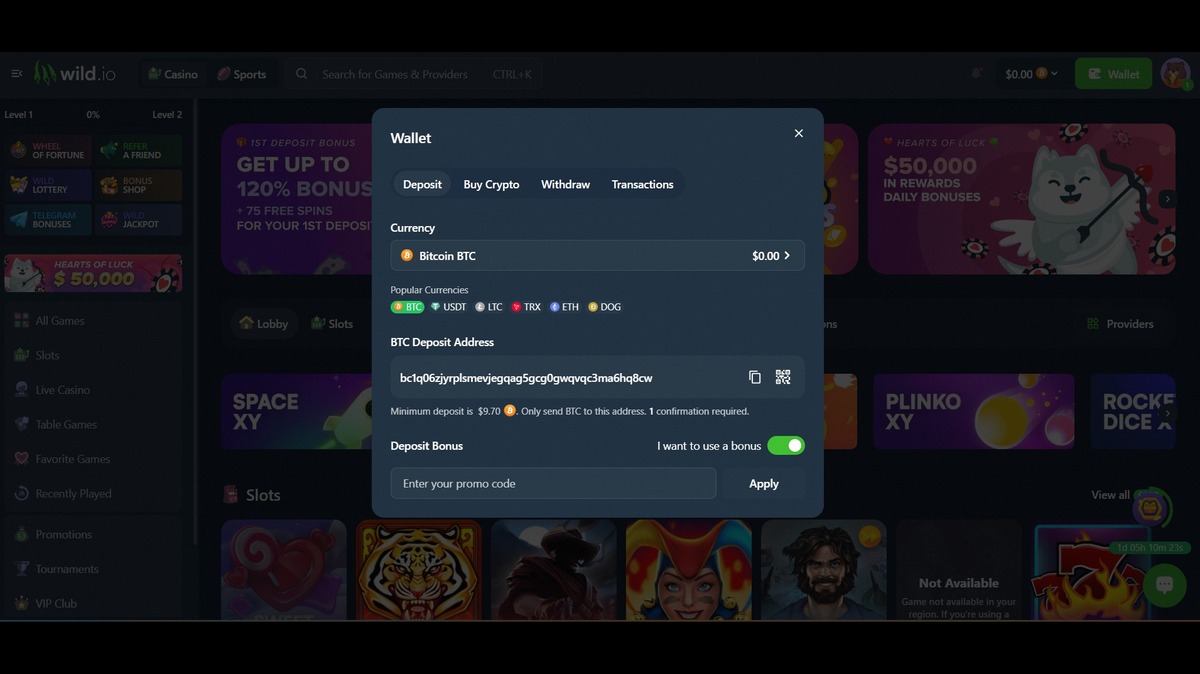 Interface do wallet mostrando opções de depósito, compra de criptomoedas e bônus de depósito no site wild.io.
