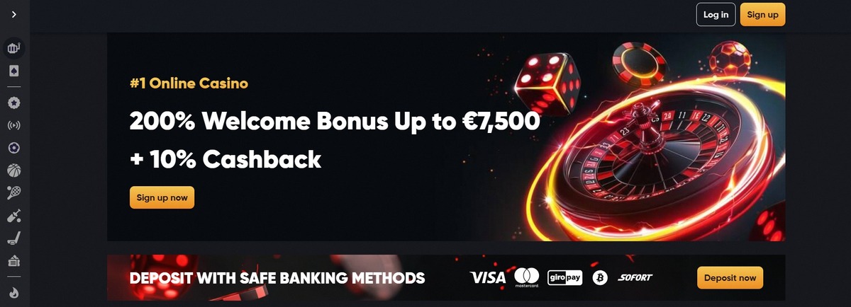 Banner de cassino online com promoção de 200% de bônus de boas-vindas até 7.500 euros e 10% de cashback. Inclui métodos de pagamento seguros.