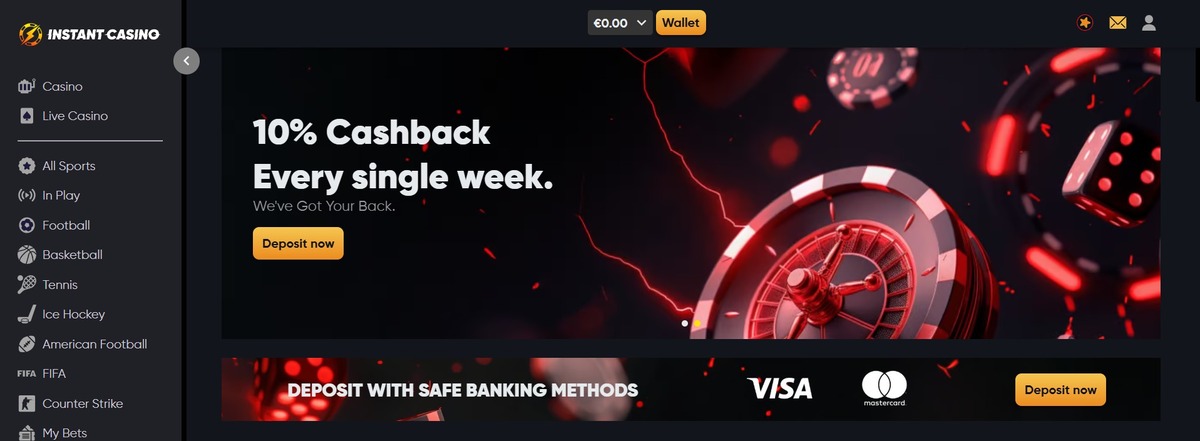 Imagem da tela inicial do Instant Casino, uma das plataformas de cassino disponíveis para brasileiros