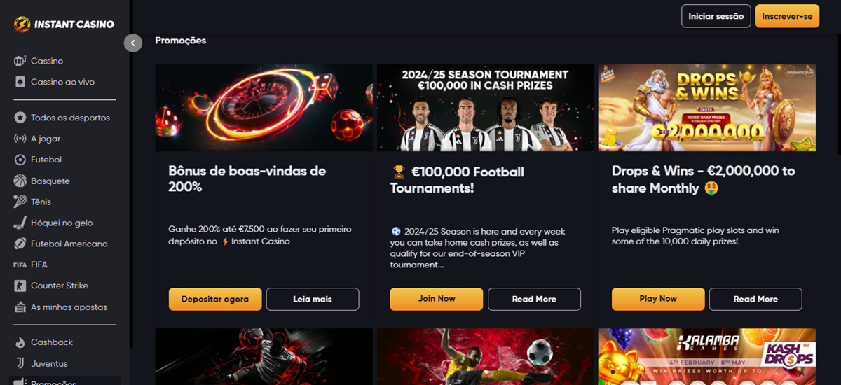 Instant Casino oferece bônus elevados para apostar em jogos de futebol