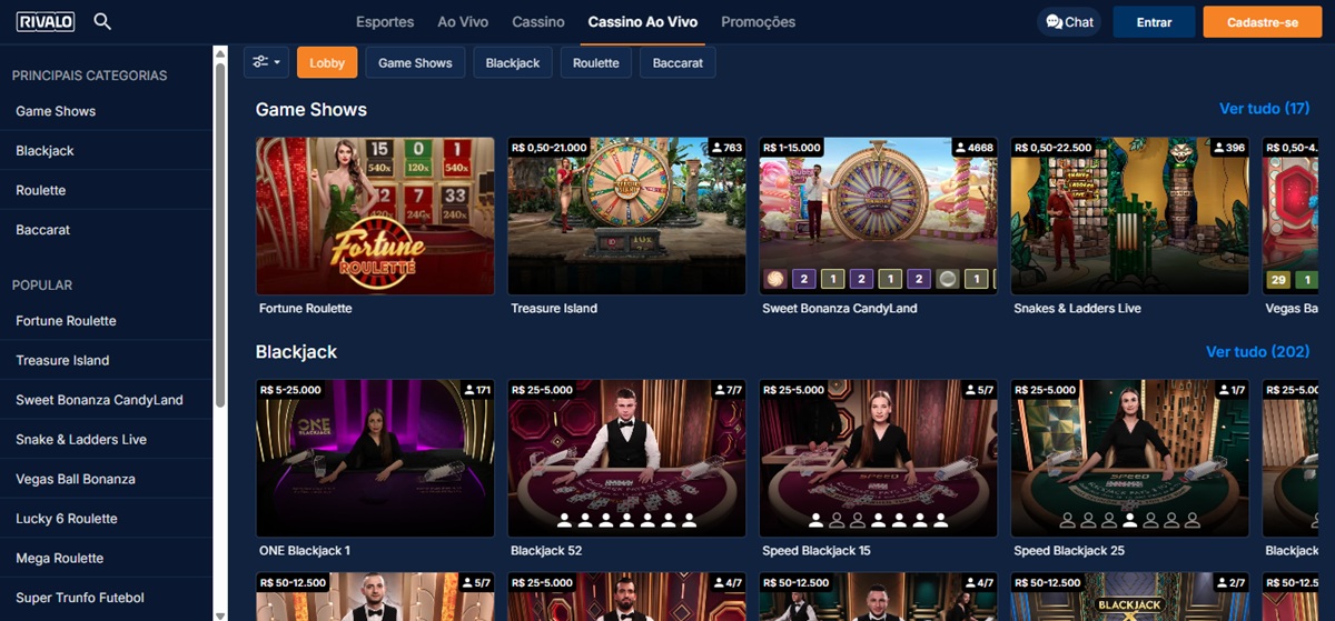 É possível jogar ao vivo no cassino da Rivalo