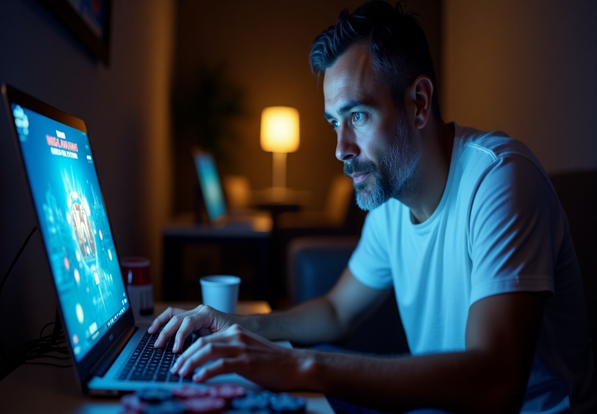 Homem concentrado jogando em computador à noite, iluminado apenas pela tela e uma lâmpada ao fundo, ideal para temas de produtividade e tecnologia.