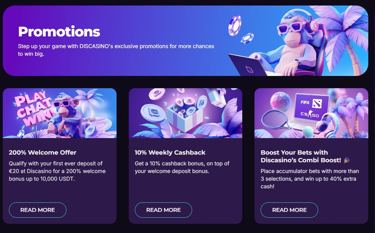 As promoções do Discasino contemplam todas as criptomoedas aceitas pela plataforma