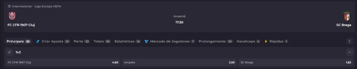 Cluj x Braga odds