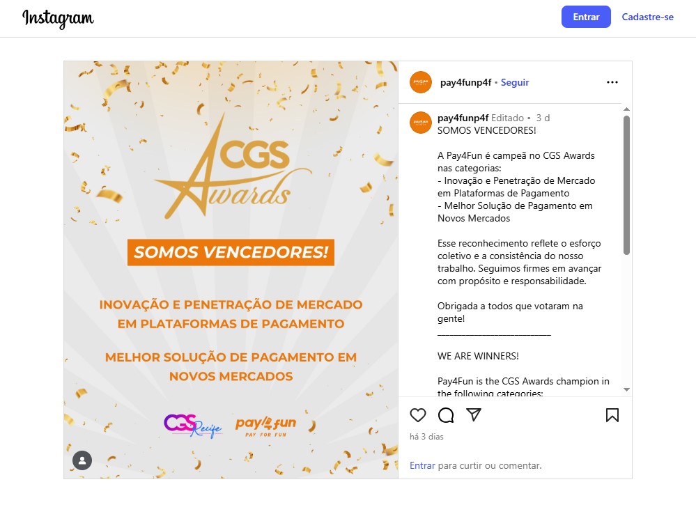 comunicado pay4fun no instagram