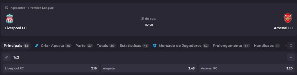 Liverpool x Arsenal - odds