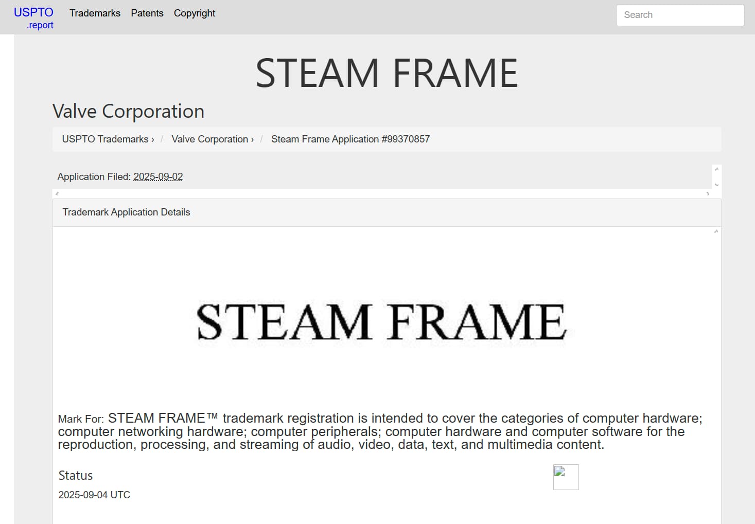 Registro do Steam Frame. Fonte: USPTO